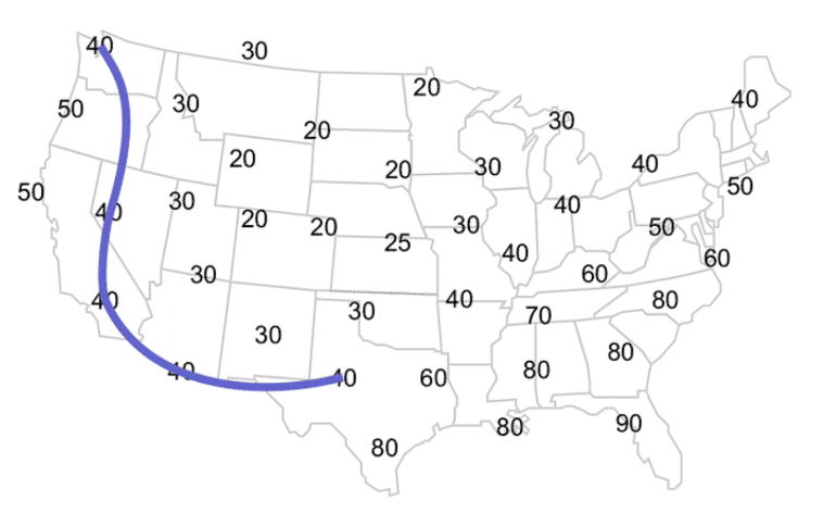 air temperatures with 40° isotherm contour drawn.