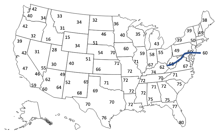 isotherm partially drawn over the eastern US