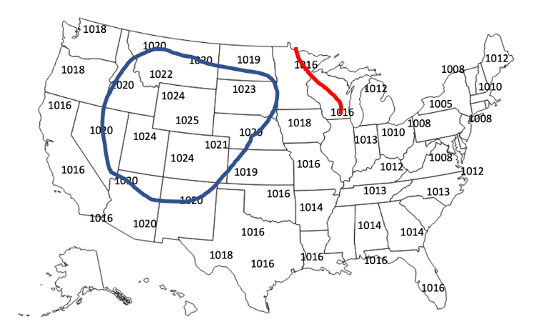 Figure 6-2. Sea-level pressure contours of 1020 and 1016 isobars.