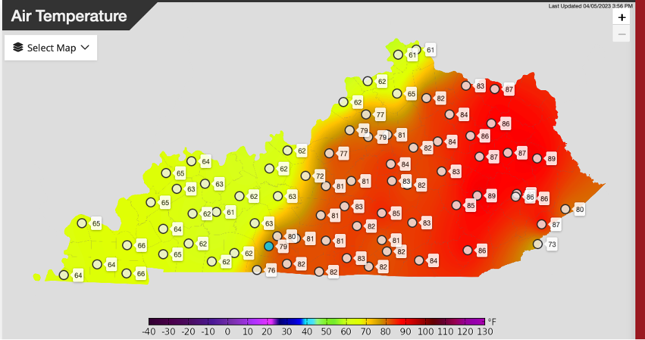 Figure 8-6. Air temperature across KY on April 5, 2023 showing a cold front passage.