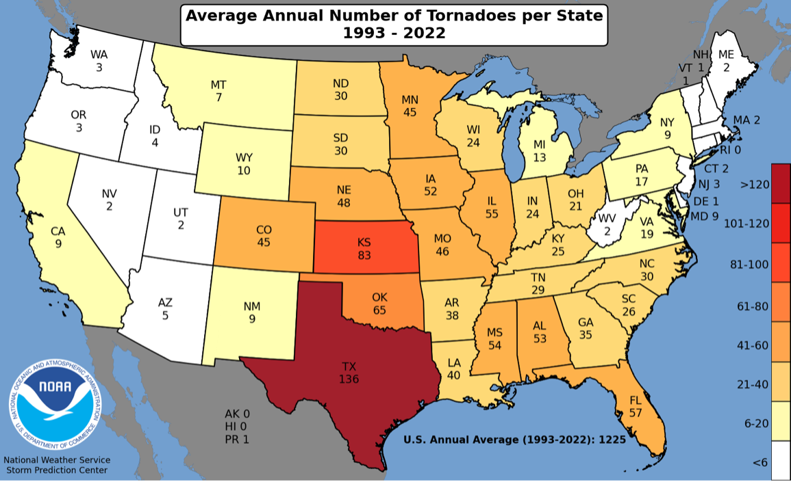 Average annual number of tornadoes, per state, from 1993-2022.