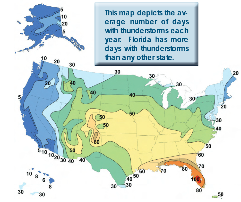 Average number of thunderstorm days per year for the U.S.