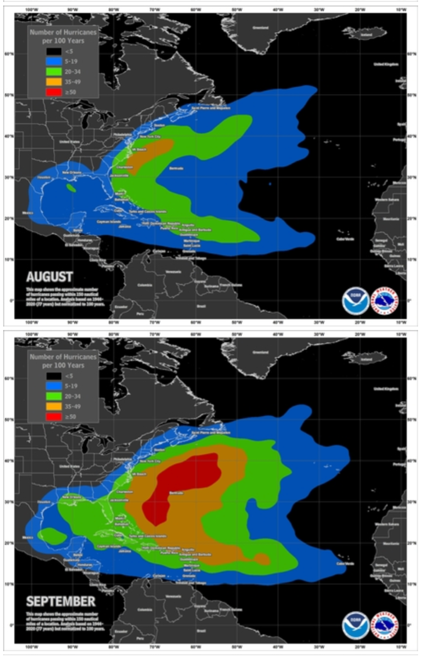 Representation of the number of hurricanes occurring, per 100 years, in the Atlantic Ocean.