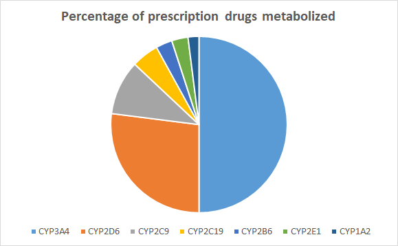 A pie chart illustrating the relative contribution of drug metabolism by the seven different Cytochrome P450 (CYP) enzymes that metabolize drugs in the human body. CYP3A4 is responsible for about 50% of drug metabolism; CYP2D6 is responsible for about 25%; and the remainder is shared by CYP2C9, CYP2C19, CYP2E1, and CP1A2.