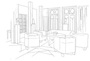 Line drawing of parlor with square club chairs.