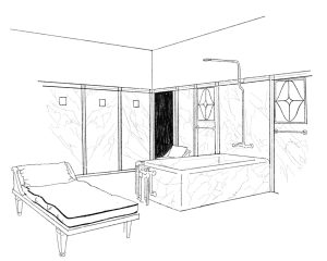 Line drawing of bathroom, including tub and shower.