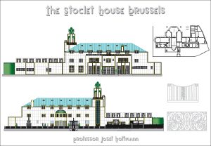 Elevation drawings of the building demonstrate its geometric regularity.