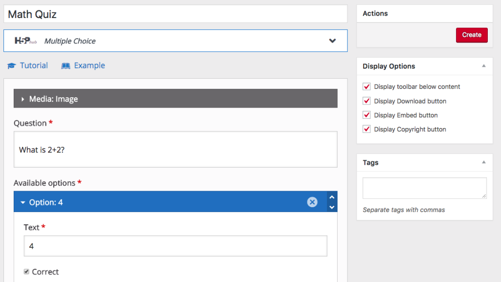 Screenshot of an H5P create page in Pressbooks.