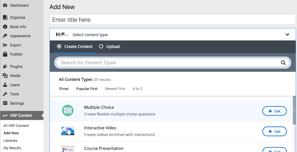 Screenshot of adding H5P content to Pressbooks