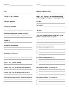 La imagen muestra una hoja de trabajo como parte de una actividad del Proyecto 1. La hoja está dividida en dos columnas con varias secciones para completar. Columna Izquierda: • Encabezados: • Nombre: (línea en blanco) • Fecha: (línea en blanco) • País: (líneas en blanco) • Descripción de la bandera: (líneas en blanco) • Extensión (en Km²): (líneas en blanco) • Descripción del clima: (líneas en blanco) • Accidentes geográficos (nombrar mínimo 4): (líneas en blanco) • Lengua(s): (líneas en blanco) • Descripción demográfica: (líneas en blanco) • Principales días festivos: (líneas en blanco) • Nombre de la moneda nacional: (líneas en blanco) • Tasa de cambio moneda nacional en dólares ($): (líneas en blanco) • Tasa de cambio moneda nacional en euros (€): (líneas en blanco) • Principales eventos históricos (nombrar mínimo 4): (líneas en blanco) Columna derecha: • Producto Interior Bruto ($): (líneas en blanco) • Qué % de la economía se dedica a los sectores (indicar qué productos y servicios principalmente): • Primario: (líneas en blanco) • Secundario: (líneas en blanco) • Terciario: (líneas en blanco) • ¿Cómo se relaciona la geografía, el clima y/o la historia y la economía de este país?: (líneas en blanco) • Principales bienes que importa: (líneas en blanco con números del 1 al 4) • Principales bienes que exporta: (líneas en blanco con números del 1 al 4) • Principales países de los que importa: (líneas en blanco con números del 1 al 4) • Principales países de los que exporta: (líneas en blanco con números del 1 al 4)