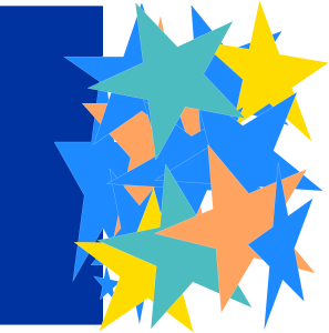 Composition of multiple colorful stars (blue, yellow, orange, and green) over a partially blue background.