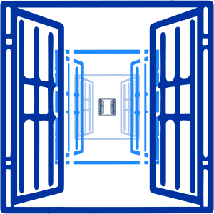 Artistic design with multiple window frames in shades of blue, arranged in a visually recursive perspective.