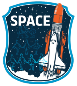Space badge with dancing children outlines and a space shuttle blasting off with rocket boosters attached.