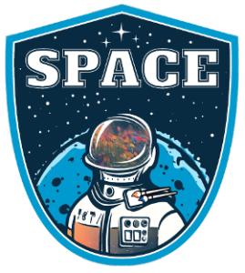 Astronaut in suit in space, in front of moon, space helmet has Monet style image on the reflective visor.