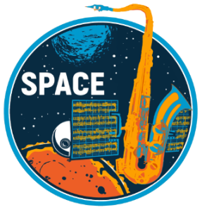 Satellite floating in space. Satellite body is replaced with a saxophone.