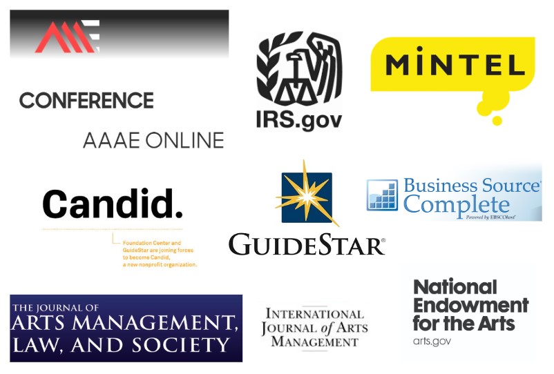 Logos of the AAAE conference; IRS.gov; Mintel; Candid; GuideStar; Business Source Complete; JAMALS; International Journal of Arts Management; National Endowment for the Arts
