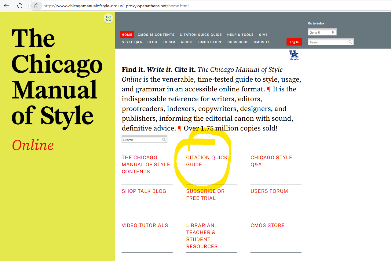 screenshot of the online Chicago Manual of Style with the Quick Citation Guide circled in yellow highlighter