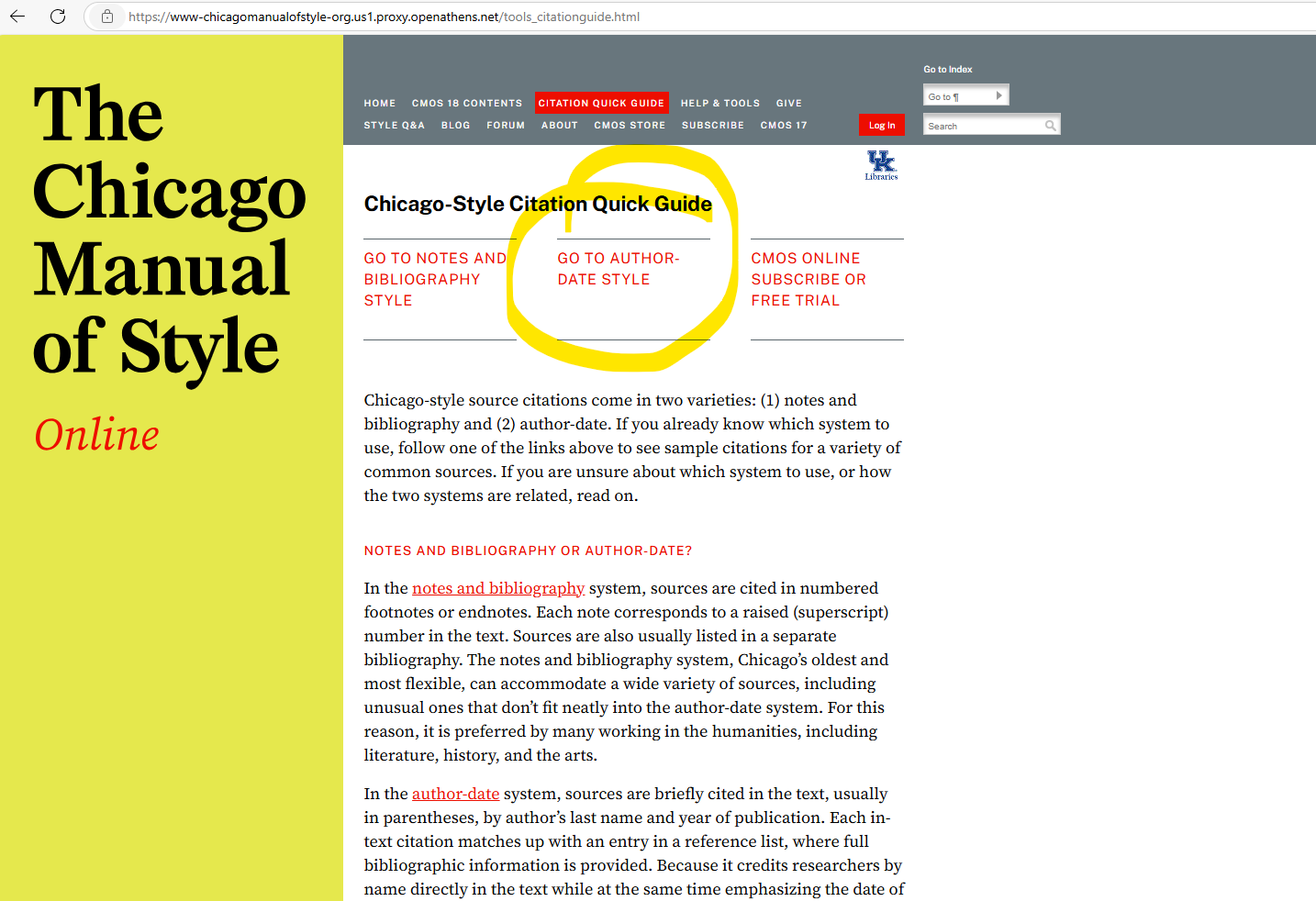 screenshot of the online Chicago Manual of Style Quick Guide with the Author-Date version circled in yellow highlighter