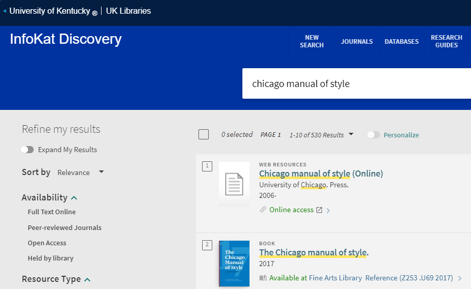 screenshot of the UK Libraries InfoKat search tool demonstrating results for the online and print versions of the Chicago Manual of Style
