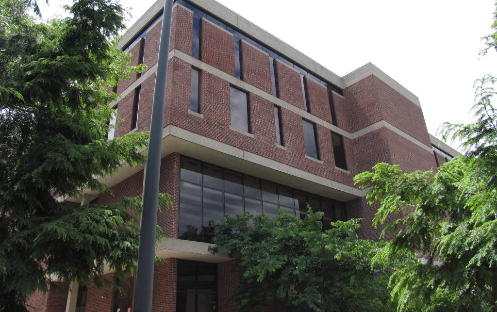 Green trees and red brick facade on the north side of the Lucille C. Little Library building at the University of Kentucky