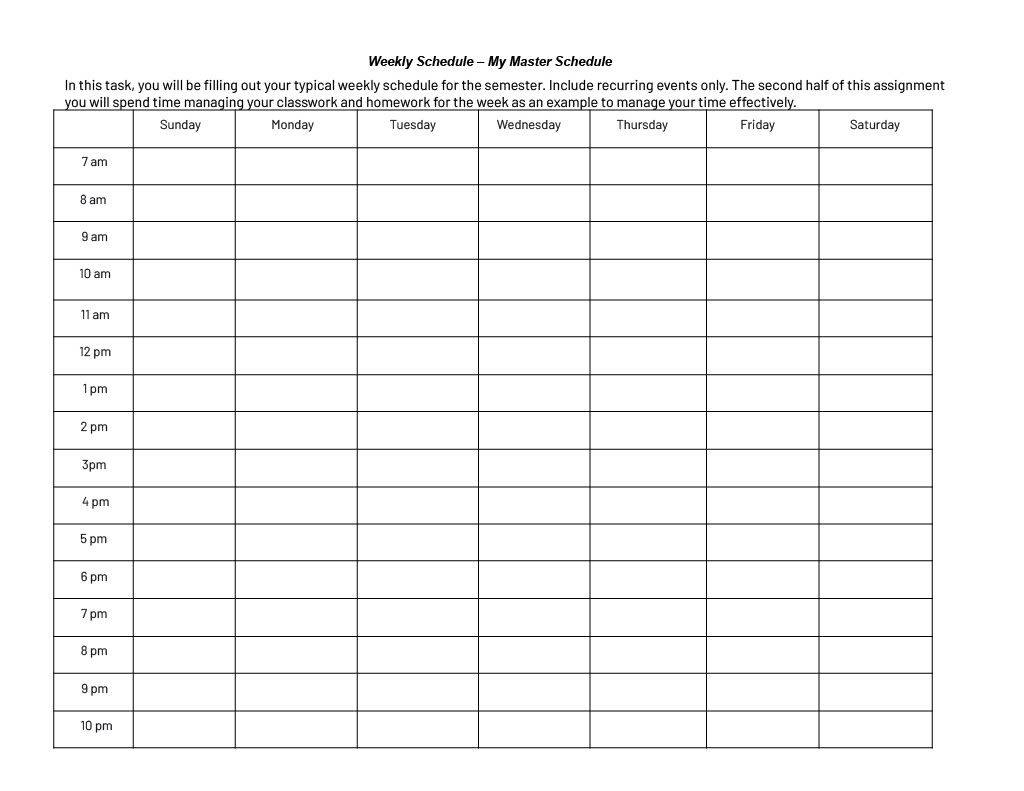First page of a Master Schedule a student can fill out for their week.