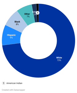 Donut chart of the racial and ethnic demographics of the student population in the department. 73% of students in the department identify as White or Caucasian, 9.4% Hispanic or Latino, 7.8 % Black or African American, 7% other, 1.8% Asian, and .6% American Indian or Alaskan Native