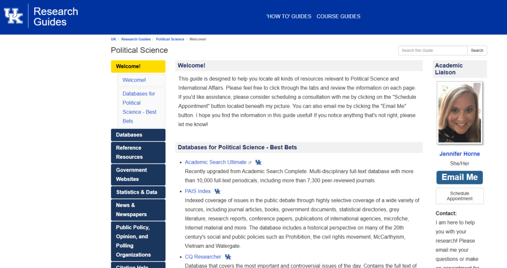 Screenshot of the research guide for political science. This website contains information for political science students, including key databases, sources for statistics and data, and information on news and newspapers.