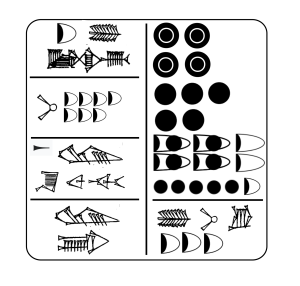A rough rendering of the tablet TSŠ 50. It is a single rounded square. It is divided into two columns: one of 4 rows and one of 2 rows. It contains cuneiform along with several System S numerals.