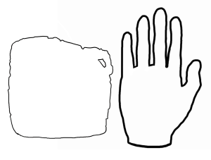 A line drawing of an outline of VAT 12593 next to a line drawing of a human hand. The tablet is roughly square and extends from the base of the palm to the tip of the pinky finger.