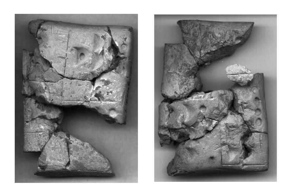 A greyscale photo of the front and back of the tablet W 19408, 76. The tablet contains symbols from System S. The tablet has a large chunk missing from the lower right corner.