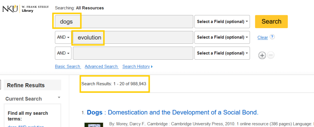 Screenshot from Steely Library's discovery layer showing the results for dogs AND evolution.