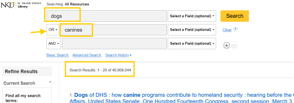 A screenshot from Steely Library's discovery layer showing the results for dogs OR canines.