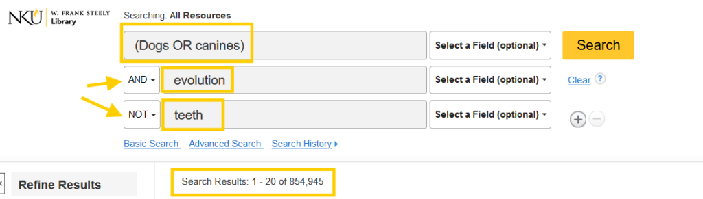 A screenshot from Steely Library's discovery layer showing the results for (dogs OR canines) AND evolution NOT teeth.