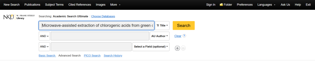 First row. Title. Contains. Microwave-assisted extraction of chlorogenic acids from green coffee.