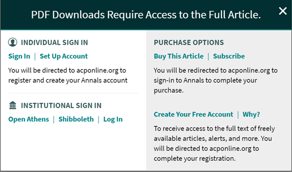 Access screen that asks for the user to either log in, or sign in using an institutional login. There is also a section outlining purchase options (to buy or subscribe) to gain access to the article PDF.