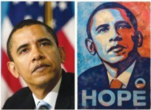 Photo of Barack Obama and stylized poster based on the photo
