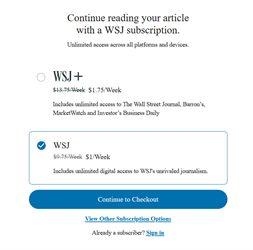 screenshot of paywall to access content from the wall street journal