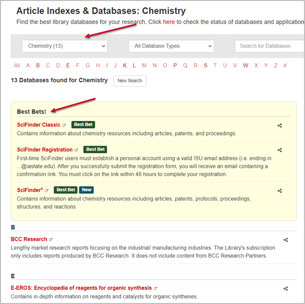 Article Indexes and Databases page. A drop down menu is at the top of the page, set to Chemistry. A “Best Bets” section is at the top of the databases list.
