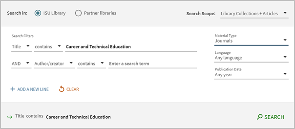 First row. Title. Contains. Career and Technical Education. In the “aterial Type drop down, Journals is selected