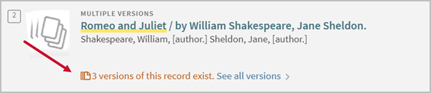One of the items from a search in Quick Search. Beneath the tile and author information is an arrow pointing to the link that says “3 versions of this record exist. See all versions.”