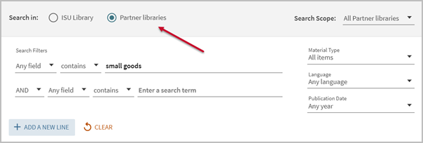 Quick Search’s advanced search interface. At the top are 2 radio buttons. The line starts with “Search in:” and you can select either the ISU Library or Partner Libraries. Partner libraries is selected.