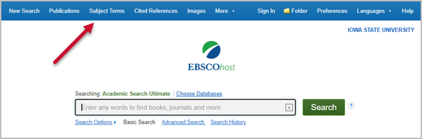 Initial search screen in Academic Search Ultimate; at the top are menus such as New search, Publications, Subject terms, and more. An arrow points to the Subject Terms option.