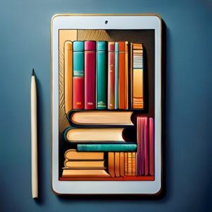 AI generated image of an ipad with books inside the screen