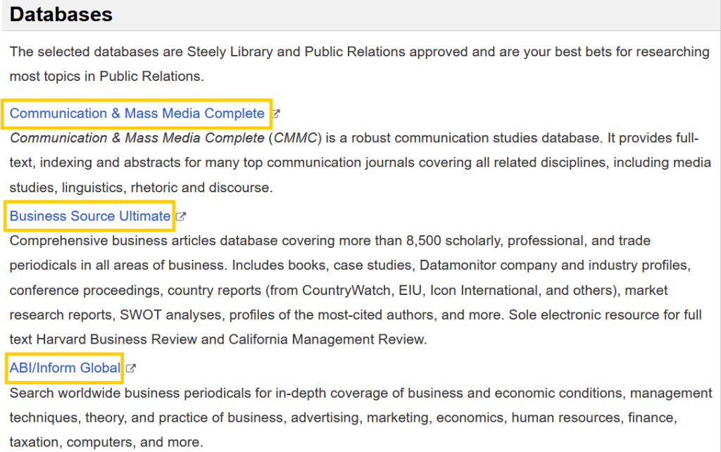 Screenshot of databases available for PR majors